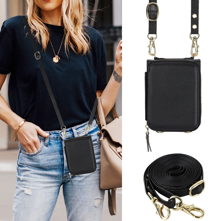 For Motorola Razr 40 Ultra Long and Short Lanyard Zipper Card Slot Foldable Phone Case(Black) - Motorola Cases by PMC TechLife | Online Shopping South Africa | PMC TechLife | Buy Now Pay Later Mobicred