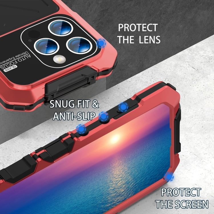For iPhone 15 Pro Max R-JUST Metal + Silicone + Tempered Glass Life Waterproof Phone Case with Holder(Red) - iPhone 15 Pro Max Cases by R-JUST | Online Shopping South Africa | PMC TechLife | Buy Now Pay Later Mobicred
