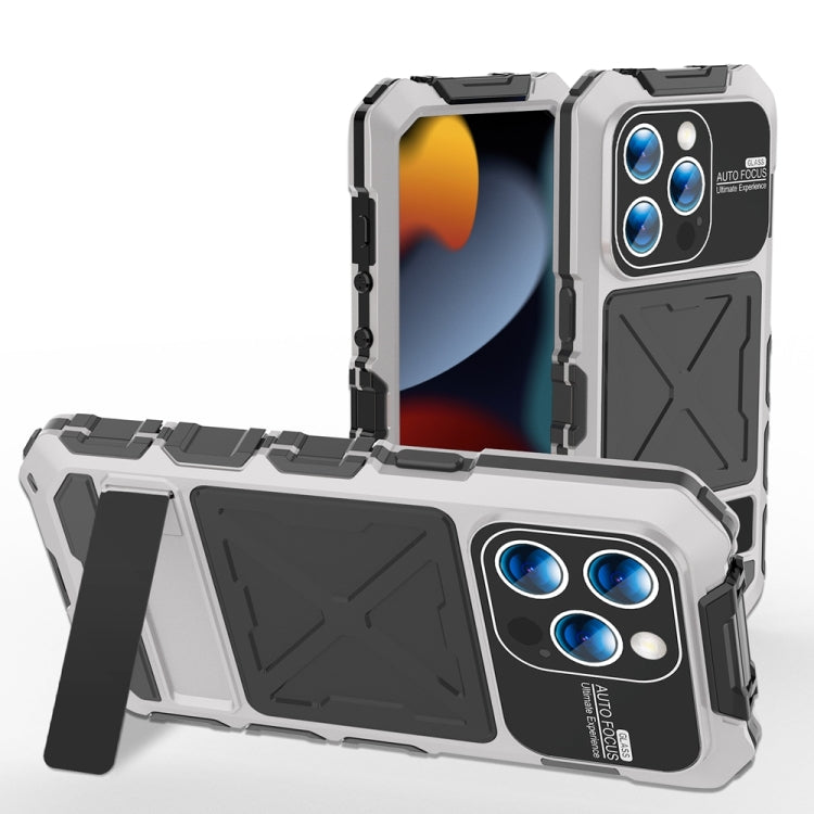 For iPhone 15 Pro Max R-JUST Metal + Silicone + Tempered Glass Life Waterproof Phone Case with Holder(Silver) - free shipping - PMC TechLife - Order now!