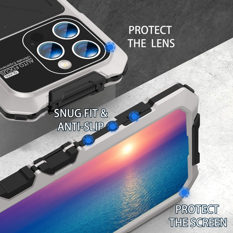 For iPhone 15 Pro R-JUST Metal + Silicone + Tempered Glass Life Waterproof Phone Case with Holder(Silver) - iPhone 15 Pro Cases by R-JUST | Online Shopping South Africa | PMC TechLife | Buy Now Pay Later Mobicred