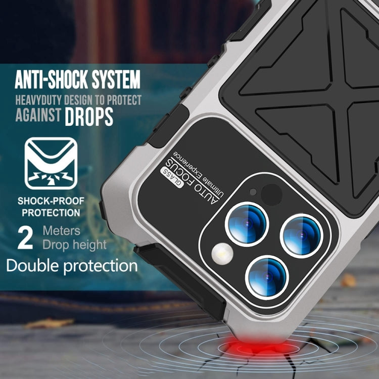 For iPhone 15 Pro R-JUST Metal + Silicone + Tempered Glass Life Waterproof Phone Case with Holder(Silver) - iPhone 15 Pro Cases by R-JUST | Online Shopping South Africa | PMC TechLife | Buy Now Pay Later Mobicred