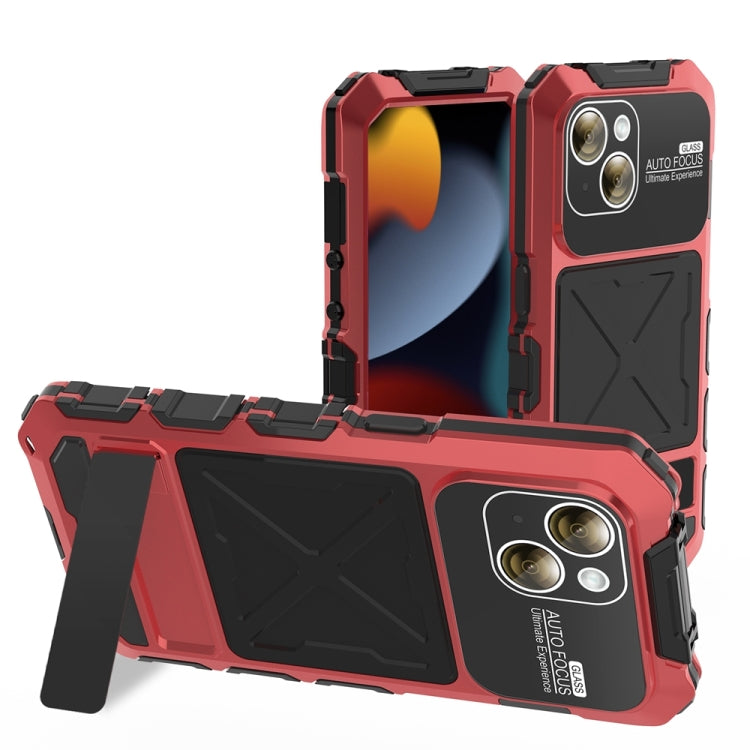 For iPhone 15 Plus R-JUST Metal + Silicone + Tempered Glass Life Waterproof Phone Case with Holder(Red) - iPhone 15 Plus Cases by R-JUST | Online Shopping South Africa | PMC TechLife | Buy Now Pay Later Mobicred