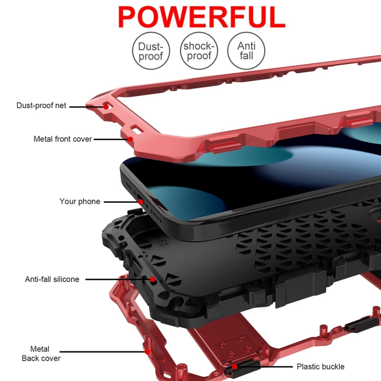 For iPhone 15 Plus R-JUST Metal + Silicone + Tempered Glass Life Waterproof Phone Case with Holder(Red) - iPhone 15 Plus Cases by R-JUST | Online Shopping South Africa | PMC TechLife | Buy Now Pay Later Mobicred