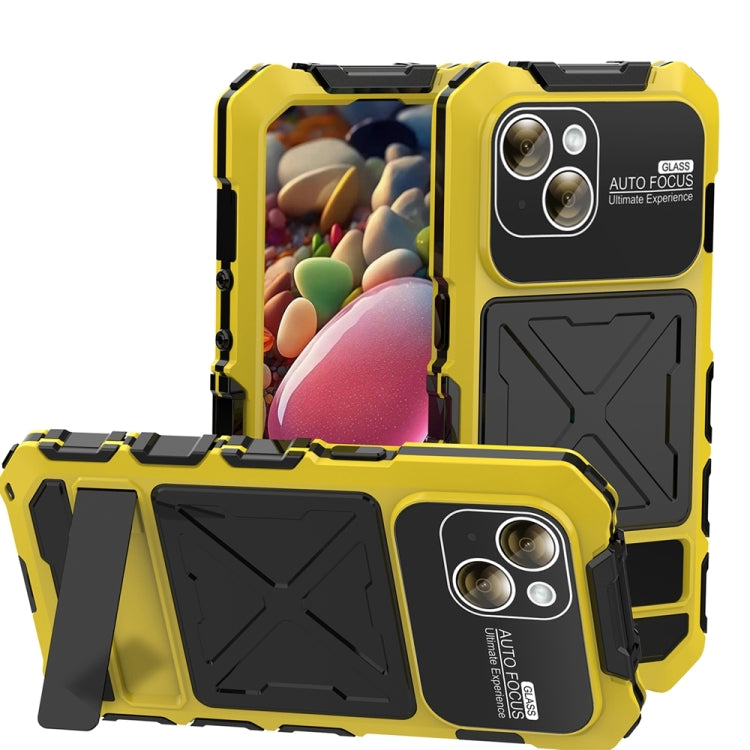For iPhone 15 Plus R-JUST Metal + Silicone + Tempered Glass Life Waterproof Phone Case with Holder(Yellow) - iPhone 15 Plus Cases by R-JUST | Online Shopping South Africa | PMC TechLife | Buy Now Pay Later Mobicred