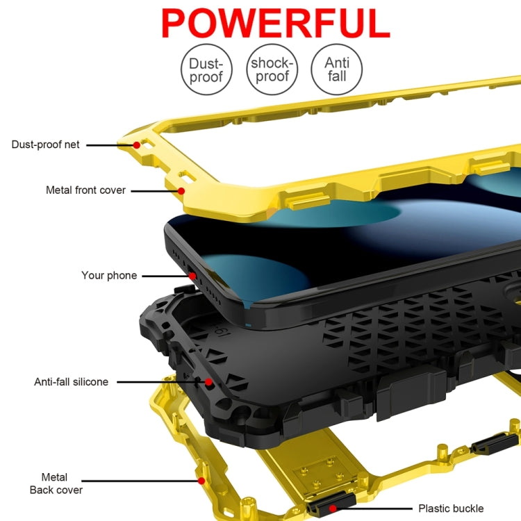 For iPhone 15 Plus R-JUST Metal + Silicone + Tempered Glass Life Waterproof Phone Case with Holder(Yellow) - iPhone 15 Plus Cases by R-JUST | Online Shopping South Africa | PMC TechLife | Buy Now Pay Later Mobicred