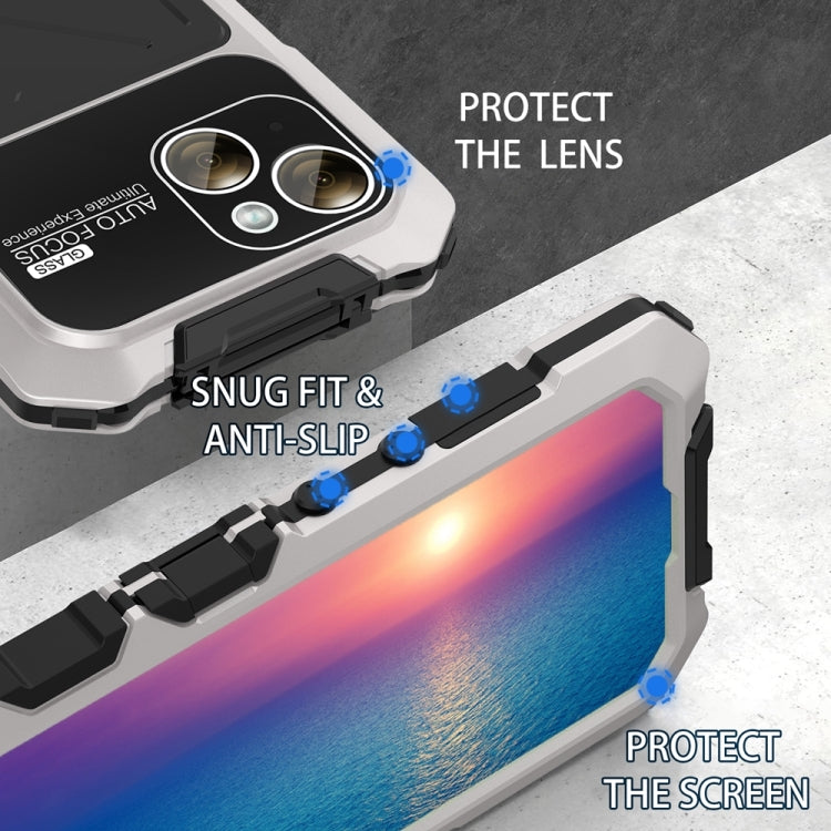 For iPhone 15 R-JUST Metal + Silicone + Tempered Glass Life Waterproof Phone Case with Holder(Silver) - iPhone 15 Cases by R-JUST | Online Shopping South Africa | PMC TechLife | Buy Now Pay Later Mobicred