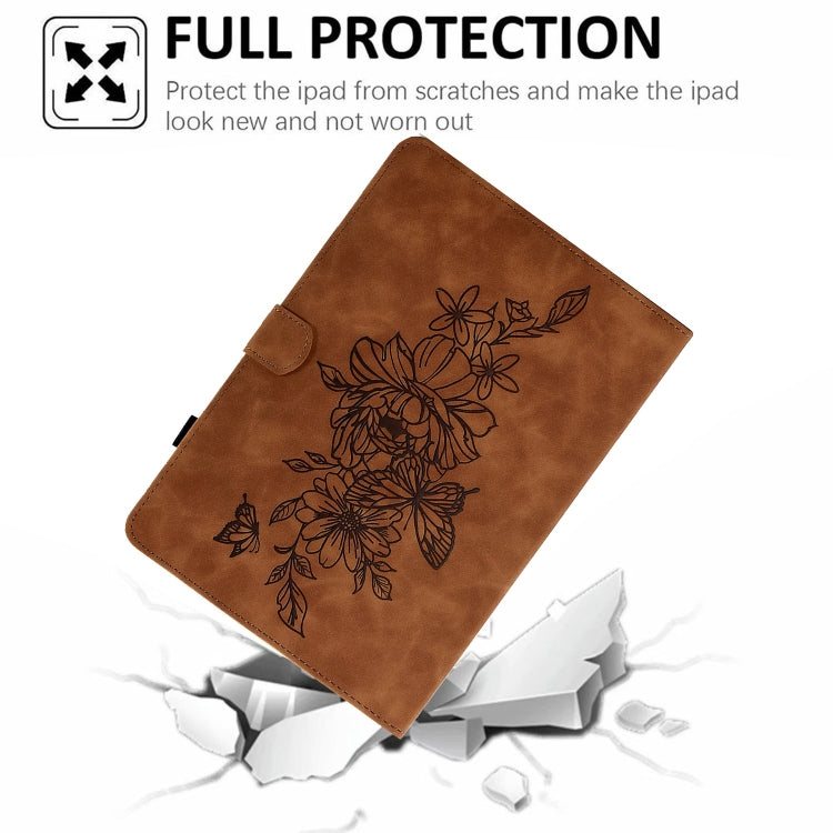For Samsung Galaxy Tab A9+ Peony Butterfly Embossed Leather Smart Tablet Case(Brown) - Galaxy Tab A9+ by PMC TechLife | Online Shopping South Africa | PMC TechLife