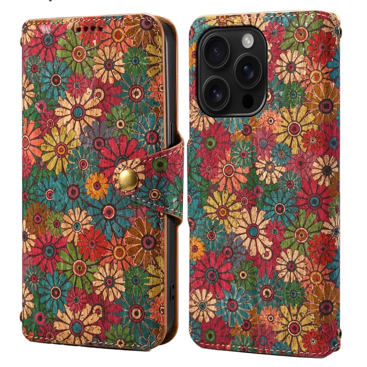For iPhone 16 Pro Max Denior Flower Language Series Cork Fabric Oil Edge Leather Phone Case(Spring) - free shipping - PMC Jewellery - Order now!