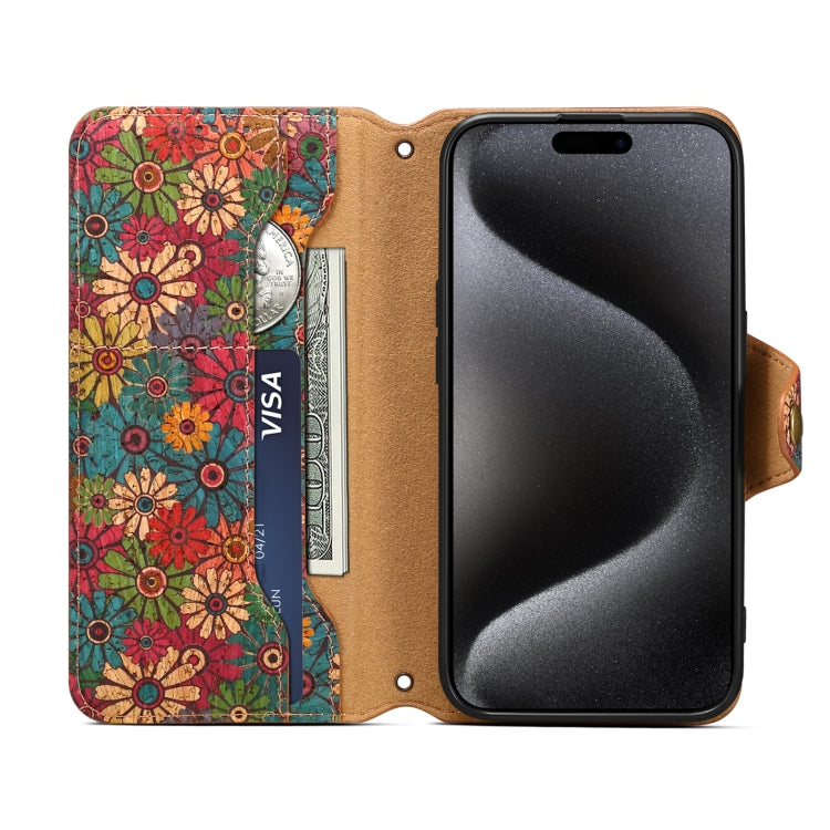For iPhone 16 Pro Max Denior Flower Language Series Cork Fabric Oil Edge Leather Phone Case(Spring) - free shipping - PMC Jewellery - Order now!