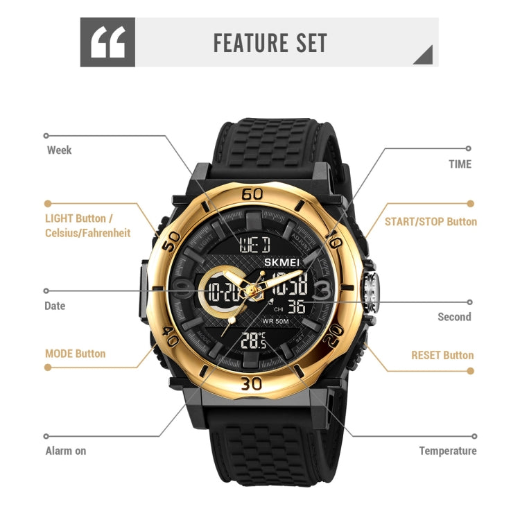 SKMEI 2098 Multifunctional Men 50M Waterproof Thermometer Dual Display Digital Wrist Watch(Gold+Black) - free shipping - PMC TechLife - Order now!