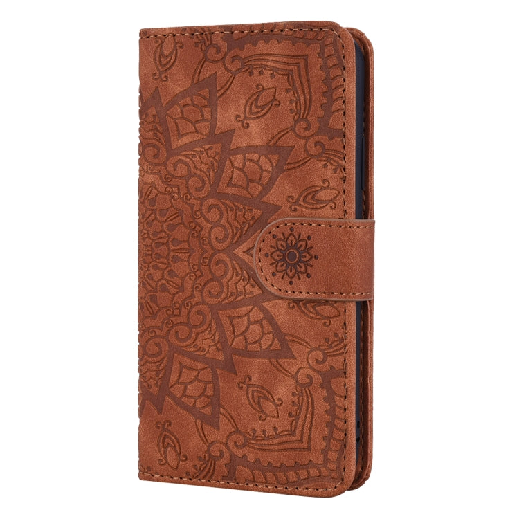 For iPhone 16 Plus Mandala Embossed Dual-Fold Calf Leather Phone Case(Brown) - free shipping - PMC TechLife - Order now!