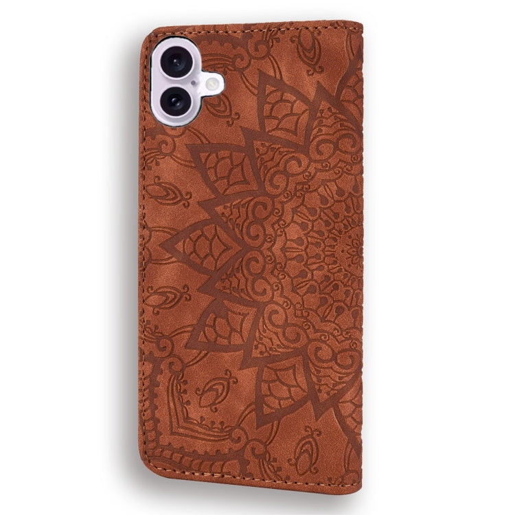 For iPhone 16 Plus Mandala Embossed Dual-Fold Calf Leather Phone Case(Brown) - free shipping - PMC TechLife - Order now!