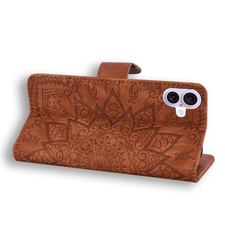 For iPhone 16 Plus Mandala Embossed Dual-Fold Calf Leather Phone Case(Brown) - free shipping - PMC TechLife - Order now!
