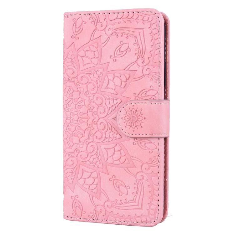 For iPhone 16e Mandala Embossed Dual-Fold Calf Leather Phone Case(Pink) - iPhone 16e Cases by PMC TechLife | Online Shopping South Africa | PMC TechLife | Buy Now Pay Later Mobicred