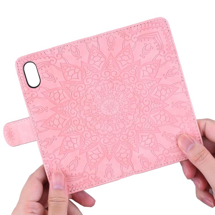 For iPhone 16e Mandala Embossed Dual-Fold Calf Leather Phone Case(Pink) - iPhone 16e Cases by PMC TechLife | Online Shopping South Africa | PMC TechLife | Buy Now Pay Later Mobicred
