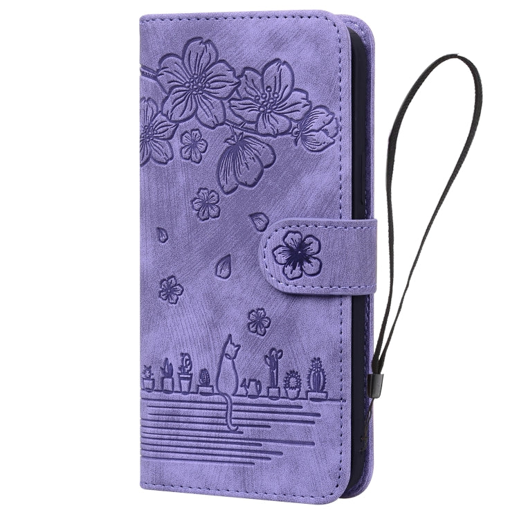 For iPhone 16 Cartoon Sakura Cat Embossed Leather Phone Case(Purple) - iPhone 16 Cases by PMC TechLife | Online Shopping South Africa | PMC TechLife | Buy Now Pay Later Mobicred