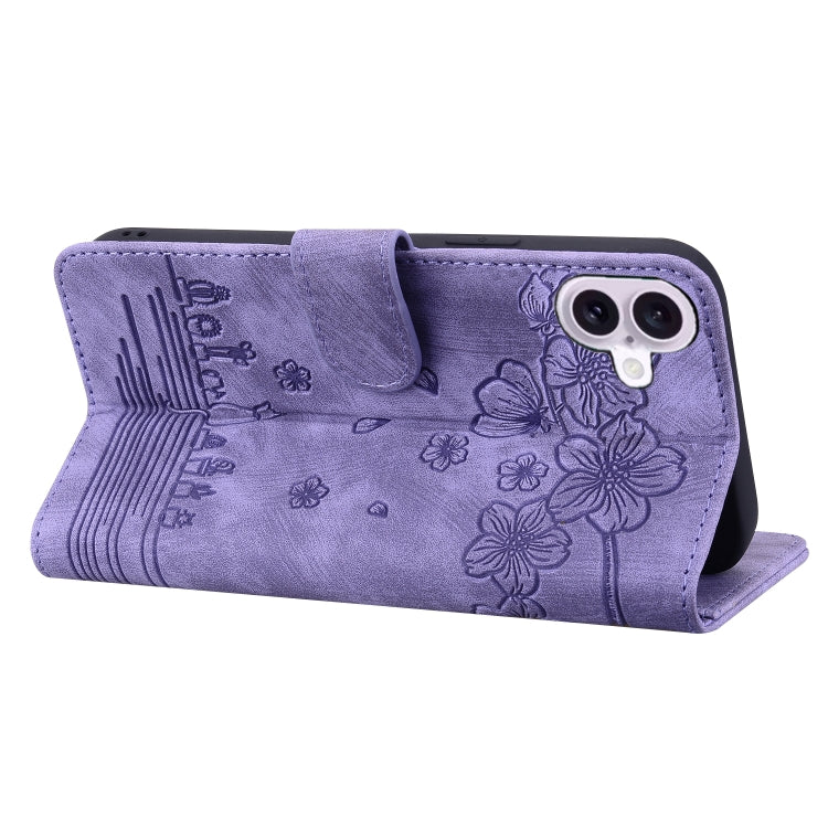 For iPhone 16 Cartoon Sakura Cat Embossed Leather Phone Case(Purple) - iPhone 16 Cases by PMC TechLife | Online Shopping South Africa | PMC TechLife | Buy Now Pay Later Mobicred