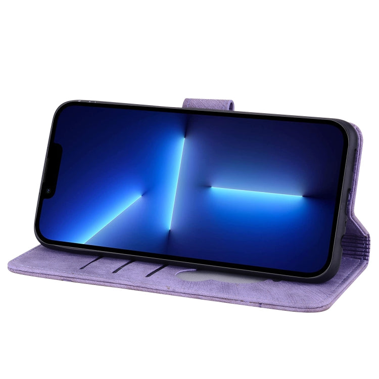 For iPhone 16 Cartoon Sakura Cat Embossed Leather Phone Case(Purple) - iPhone 16 Cases by PMC TechLife | Online Shopping South Africa | PMC TechLife | Buy Now Pay Later Mobicred