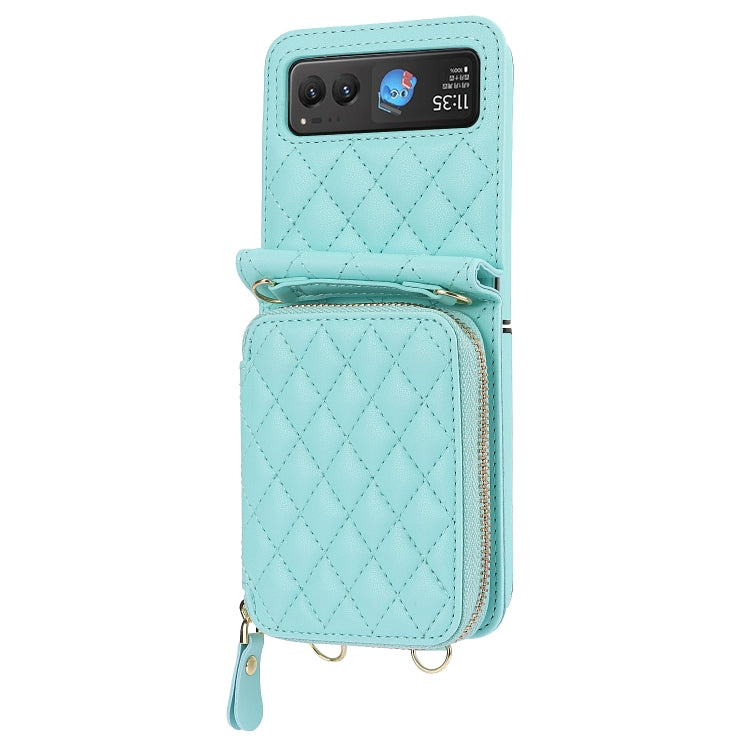 For Motorola Razr 40 Rhombic Texture Card Bag Phone Case with Dual Lanyard(Green) - Motorola Cases by PMC TechLife | Online Shopping South Africa | PMC TechLife | Buy Now Pay Later Mobicred
