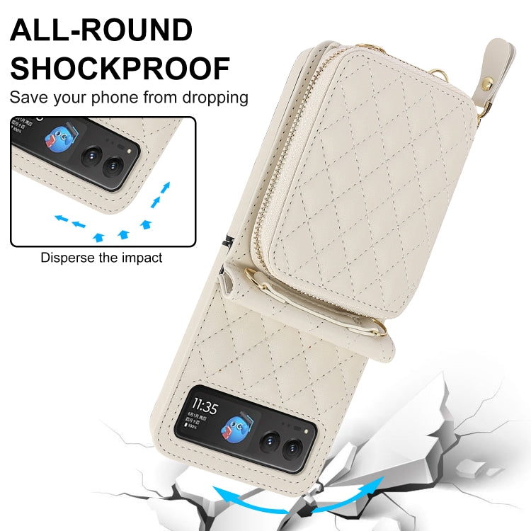 For Motorola Razr 40 Rhombic Texture Card Bag Phone Case with Dual Lanyard(White) - Motorola Cases by PMC TechLife | Online Shopping South Africa | PMC TechLife | Buy Now Pay Later Mobicred