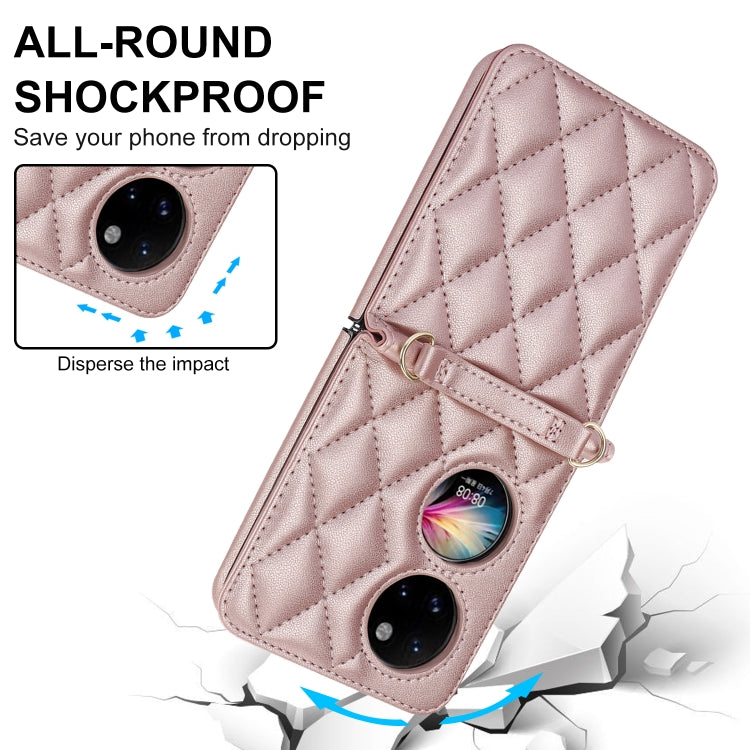 For Huawei P50 Pocket Rhombic Texture Card Bag Phone Case with Dual Lanyard(Rose Gold) - Huawei Cases by PMC TechLife | Online Shopping South Africa | PMC TechLife | Buy Now Pay Later Mobicred