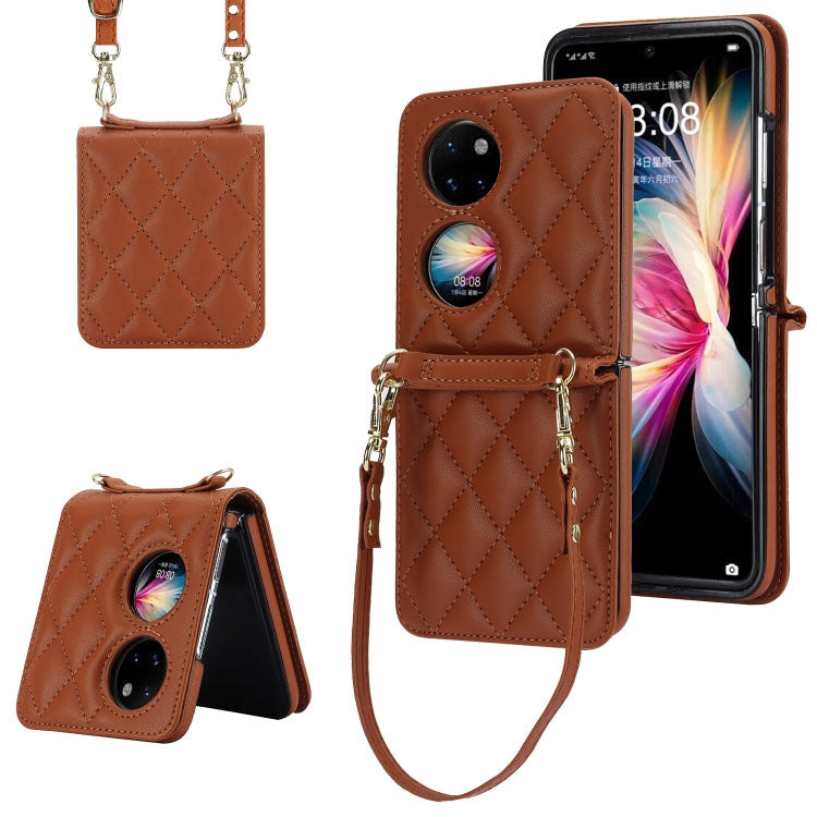For Huawei P50 Pocket Rhombic Texture Card Bag Phone Case with Dual Lanyard(Brown) - Huawei Cases by PMC TechLife | Online Shopping South Africa | PMC TechLife | Buy Now Pay Later Mobicred