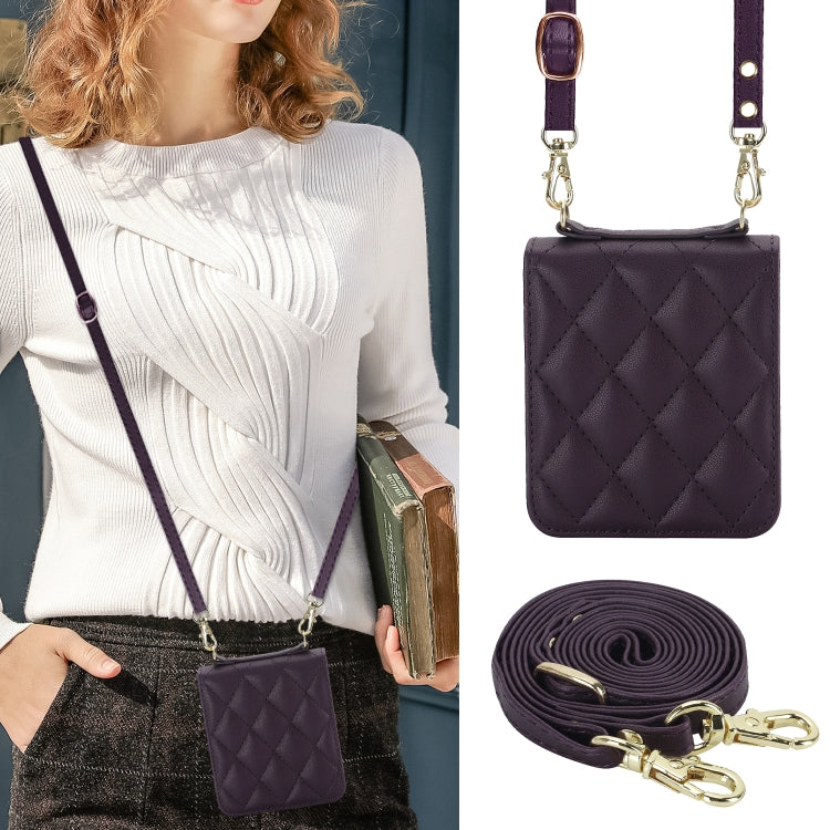 For Huawei P50 Pocket Rhombic Texture Card Bag Phone Case with Dual Lanyard(Dark Purple) - free shipping - PMC TechLife - Order now!