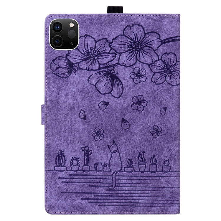 For iPad Pro 13 2024 Cartoon Sakura Cat Embossed Smart Leather Tablet Case(Purple) - iPad Pro 13 2024 Cases by PMC TechLife | Online Shopping South Africa | PMC TechLife | Buy Now Pay Later Mobicred