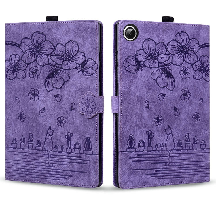 For Samsung Galaxy Tab A9 Cartoon Sakura Cat Embossed Leather Tablet Case(Purple) - Galaxy Tab A9 by PMC TechLife | Online Shopping South Africa | PMC TechLife