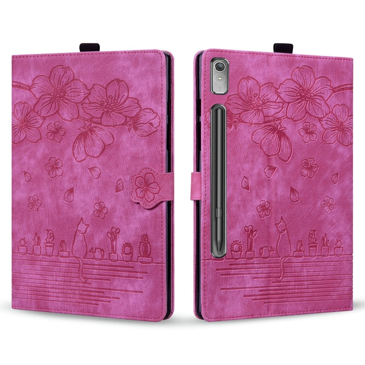 For Lenovo Tab P12 12.7 Cartoon Sakura Cat Embossed Leather Tablet Case(Rose Red) - Lenovo by PMC TechLife | Online Shopping South Africa | PMC TechLife | Buy Now Pay Later Mobicred
