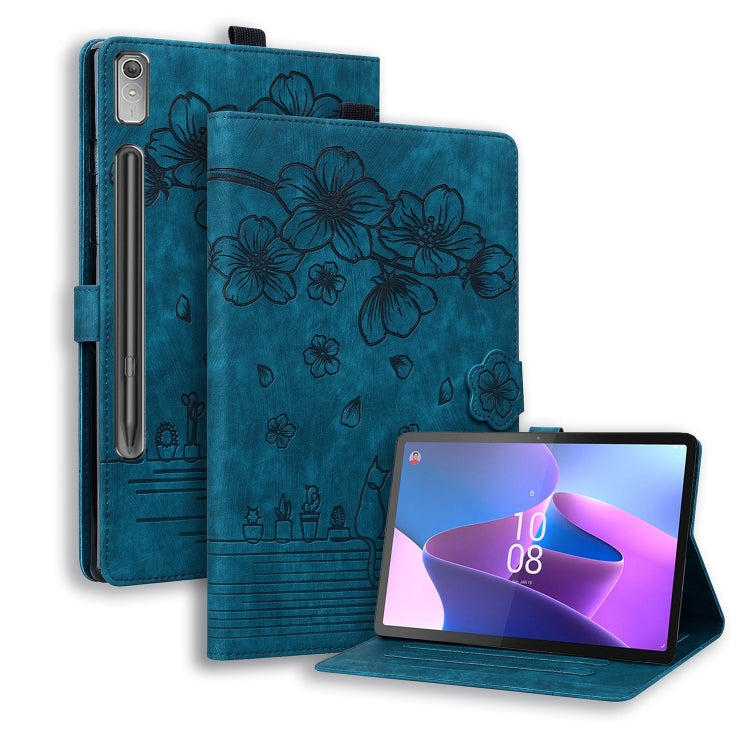 For Lenovo Tab P12 12.7 Cartoon Sakura Cat Embossed Leather Tablet Case(Blue) - Lenovo by PMC TechLife | Online Shopping South Africa | PMC TechLife | Buy Now Pay Later Mobicred