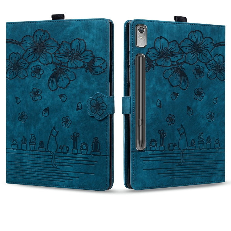 For Lenovo Tab P12 12.7 Cartoon Sakura Cat Embossed Leather Tablet Case(Blue) - Lenovo by PMC TechLife | Online Shopping South Africa | PMC TechLife | Buy Now Pay Later Mobicred