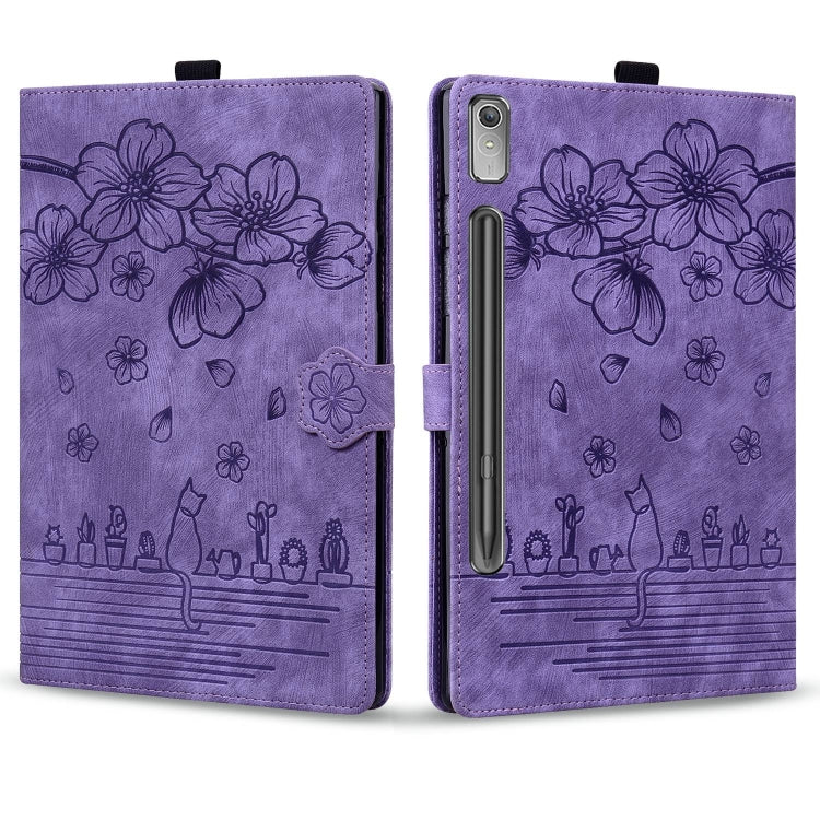 For Lenovo Xiaoxin Pad Pro 2022 / P11 Pro 2 Cartoon Sakura Cat Embossed Leather Tablet Case(Purple) - Lenovo by PMC TechLife | Online Shopping South Africa | PMC TechLife | Buy Now Pay Later Mobicred