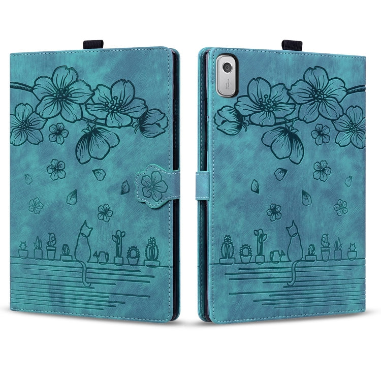 For Lenovo Tab M9 Cartoon Sakura Cat Embossed Leather Tablet Case(Green) - Lenovo by PMC TechLife | Online Shopping South Africa | PMC TechLife | Buy Now Pay Later Mobicred