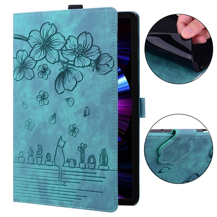For Lenovo Tab M9 Cartoon Sakura Cat Embossed Leather Tablet Case(Green) - Lenovo by PMC TechLife | Online Shopping South Africa | PMC TechLife | Buy Now Pay Later Mobicred