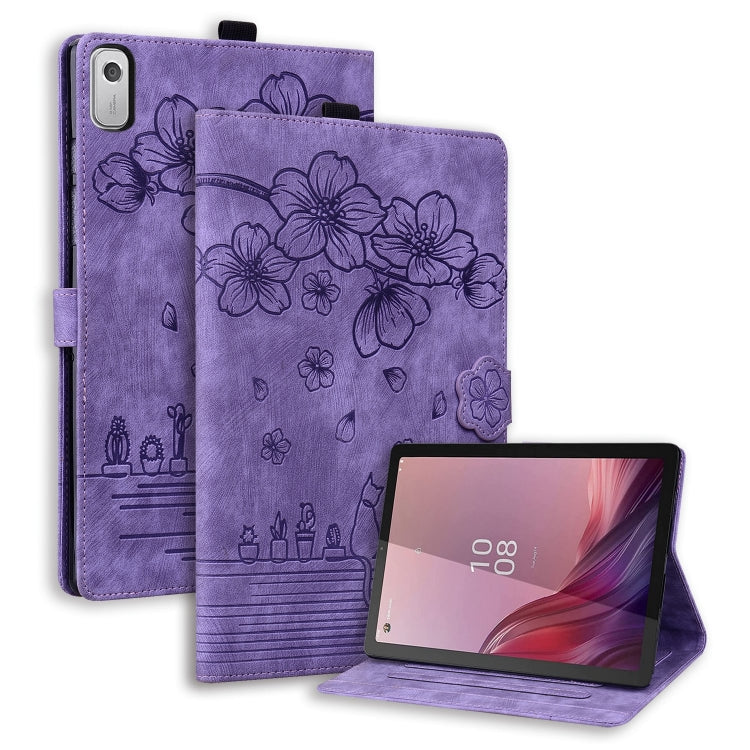 For Lenovo Tab M9 Cartoon Sakura Cat Embossed Leather Tablet Case(Purple) - free shipping - PMC TechLife - Order now!