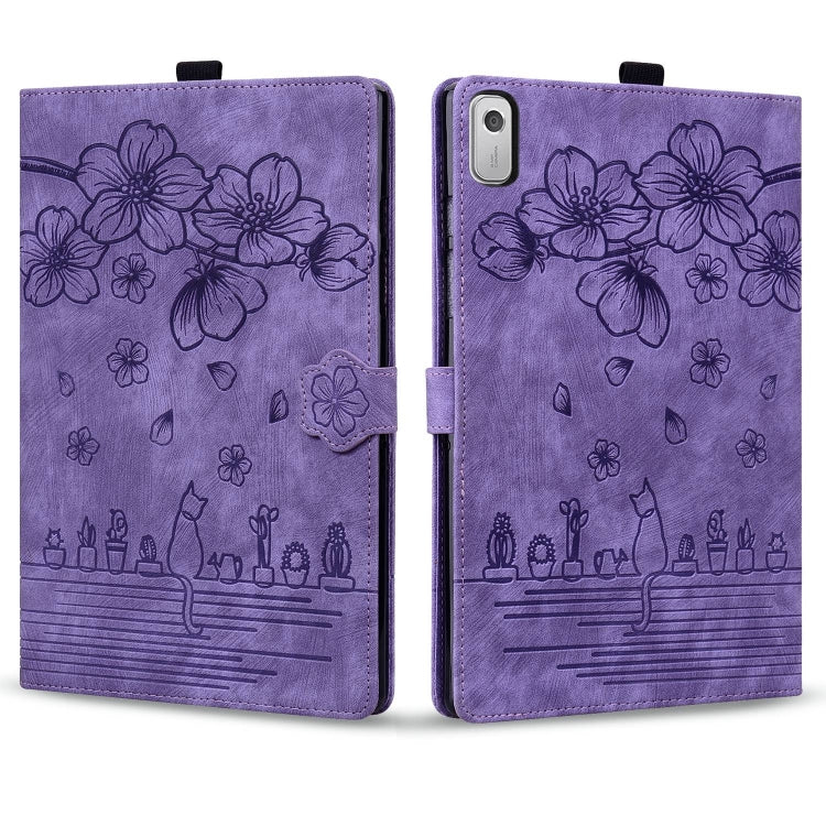 For Lenovo Tab M9 Cartoon Sakura Cat Embossed Leather Tablet Case(Purple) - free shipping - PMC TechLife - Order now!