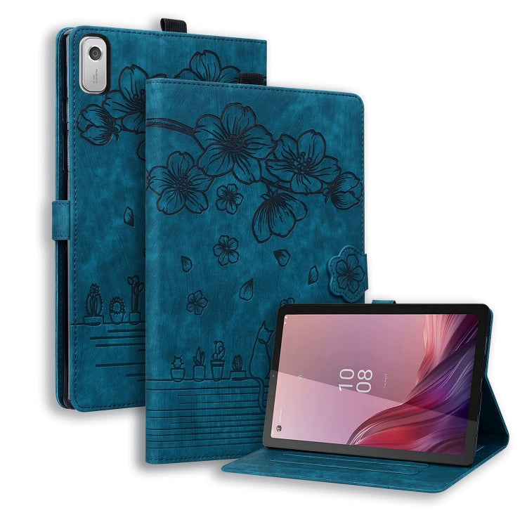 For Lenovo Tab M9 Cartoon Sakura Cat Embossed Leather Tablet Case(Blue) - Lenovo by PMC TechLife | Online Shopping South Africa | PMC TechLife | Buy Now Pay Later Mobicred