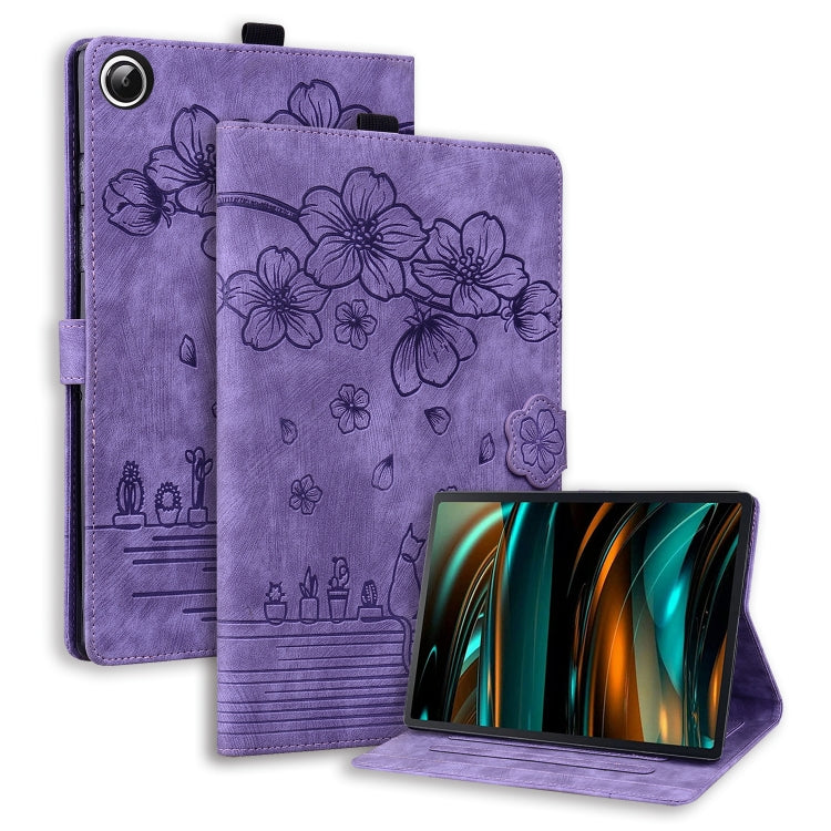 For Lenovo Tab M11 / Xiaoxin Pad 11 2024 Cartoon Sakura Cat Embossed Leather Tablet Case(Purple) - Lenovo by PMC TechLife | Online Shopping South Africa | PMC TechLife | Buy Now Pay Later Mobicred