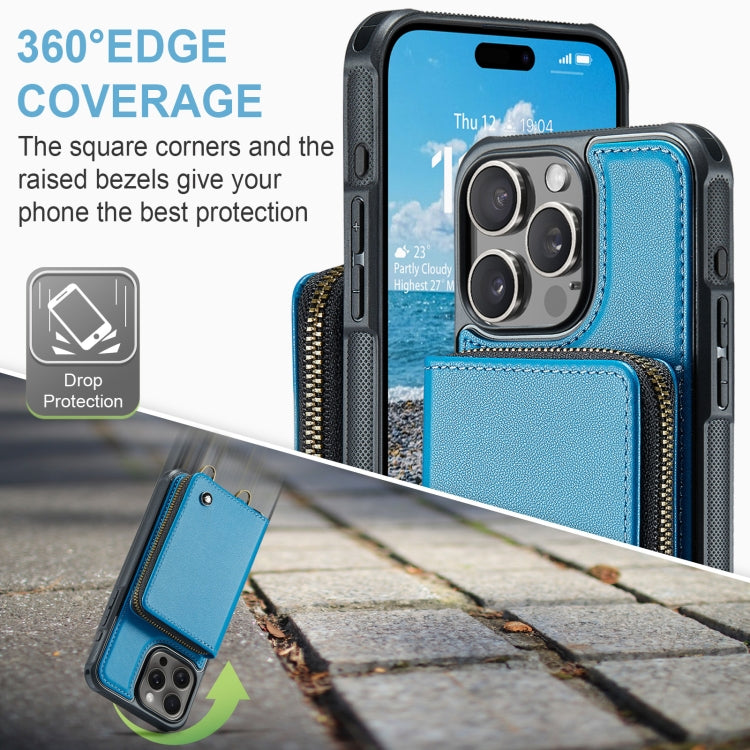 For iPhone 16 Pro JEEHOOD C22 Series Zipper Wallet Leather Phone Case with Dual Lanyard(Blue) - free shipping - PMC Jewellery - Order now!
