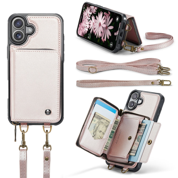 For iPhone 16 Plus JEEHOOD C22 Series Zipper Wallet Leather Phone Case with Dual Lanyard(Rose Gold) - free shipping - PMC Jewellery - Order now!