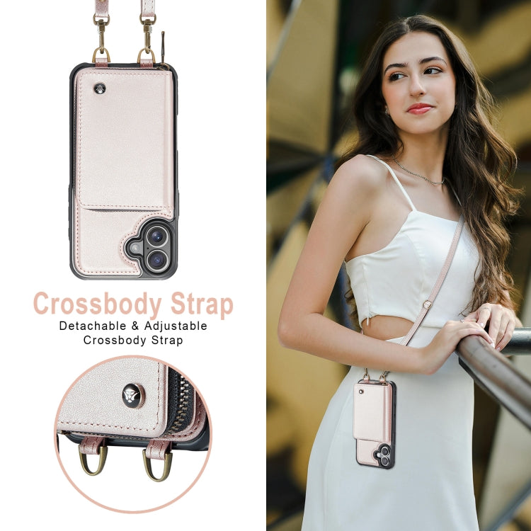 For iPhone 16 Plus JEEHOOD C22 Series Zipper Wallet Leather Phone Case with Dual Lanyard(Rose Gold) - free shipping - PMC Jewellery - Order now!