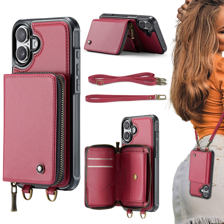 For iPhone 16 JEEHOOD C22 Series Zipper Wallet Leather Phone Case with Dual Lanyard(Red) - free shipping - PMC Jewellery - Order now!