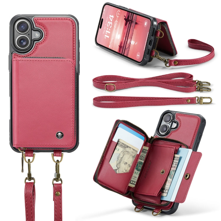 For iPhone 16 JEEHOOD C22 Series Zipper Wallet Leather Phone Case with Dual Lanyard(Red) - free shipping - PMC Jewellery - Order now!
