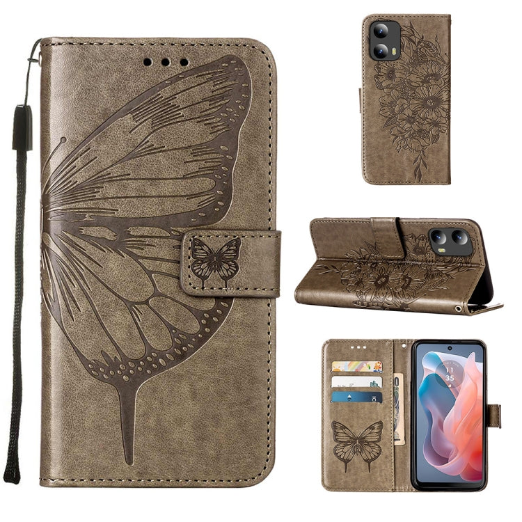 For Motorola Moto G Play 5G 2024 Embossed Butterfly Leather Phone Case(Grey) - Motorola Cases by PMC Jewellery | Online Shopping South Africa | PMC Jewellery | Buy Now Pay Later Mobicred
