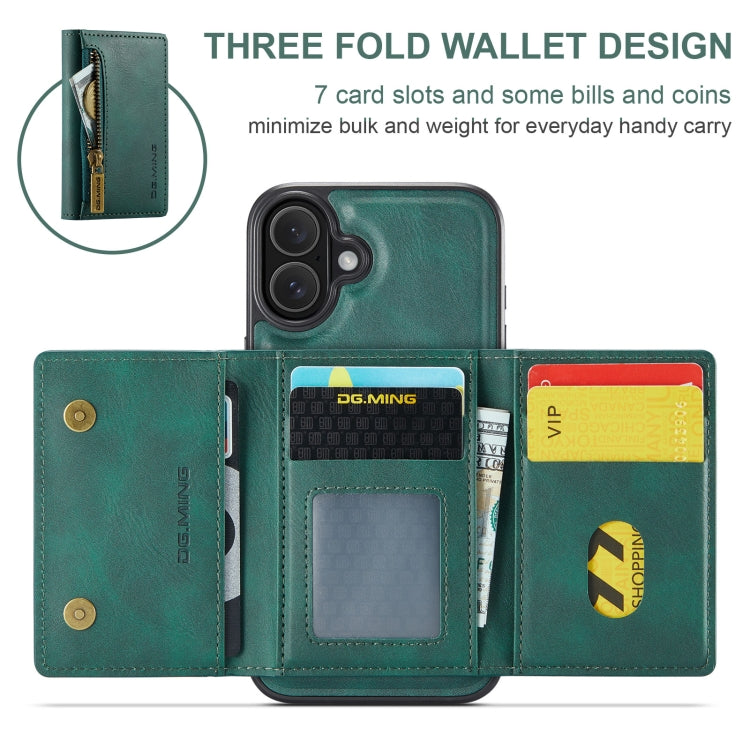 For iPhone 16 DG.MING M5 Series Zip RFID Multi Card Detachable Leather Phone Case(Green) - free shipping - PMC Jewellery - Order now!