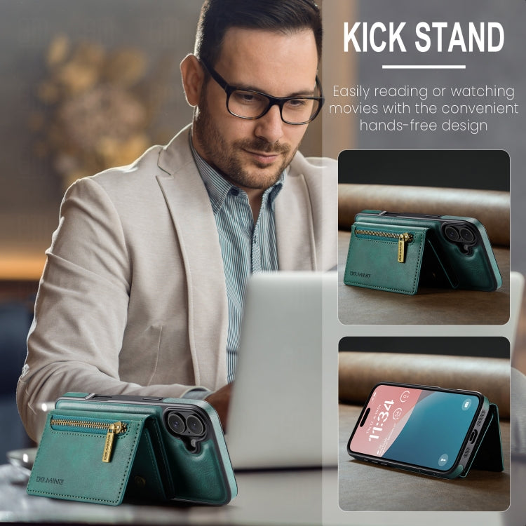 For iPhone 16 DG.MING M5 Series Zip RFID Multi Card Detachable Leather Phone Case(Green) - free shipping - PMC Jewellery - Order now!