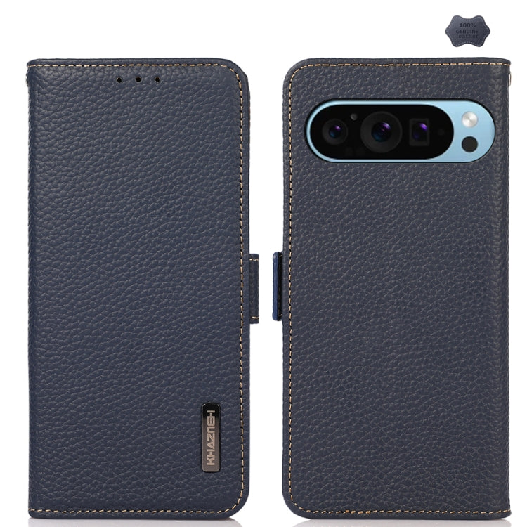 For Google Pixel 9 KHAZNEH Side-Magnetic Litchi Genuine Leather RFID Phone Case(Blue) - Google Cases by PMC TechLife | Online Shopping South Africa | PMC TechLife | Buy Now Pay Later Mobicred