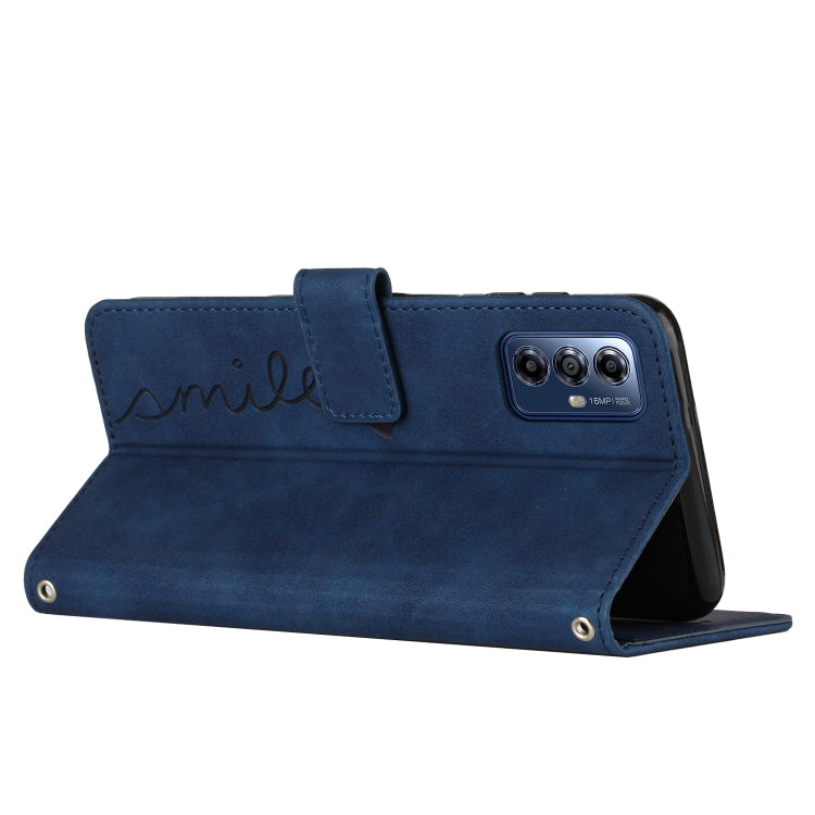 For Motorola Moto G Play 2024 Skin Feel Heart Embossed Leather Phone Case with Long Lanyard(Blue) - Motorola Cases by PMC Jewellery | Online Shopping South Africa | PMC Jewellery | Buy Now Pay Later Mobicred