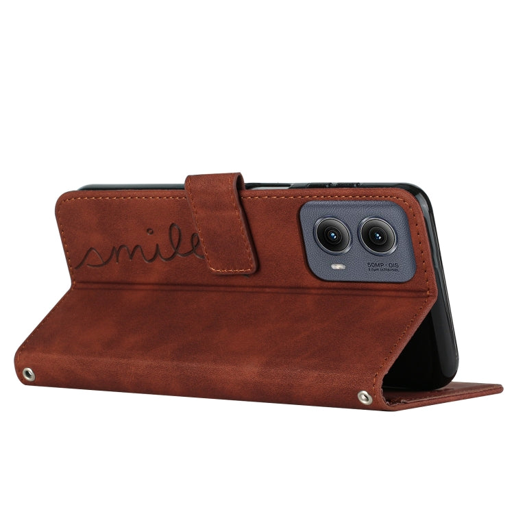 For Motorola Edge 5G 2024 Skin Feel Heart Embossed Leather Phone Case with Long Lanyard(Brown) - Motorola Cases by PMC Jewellery | Online Shopping South Africa | PMC Jewellery | Buy Now Pay Later Mobicred
